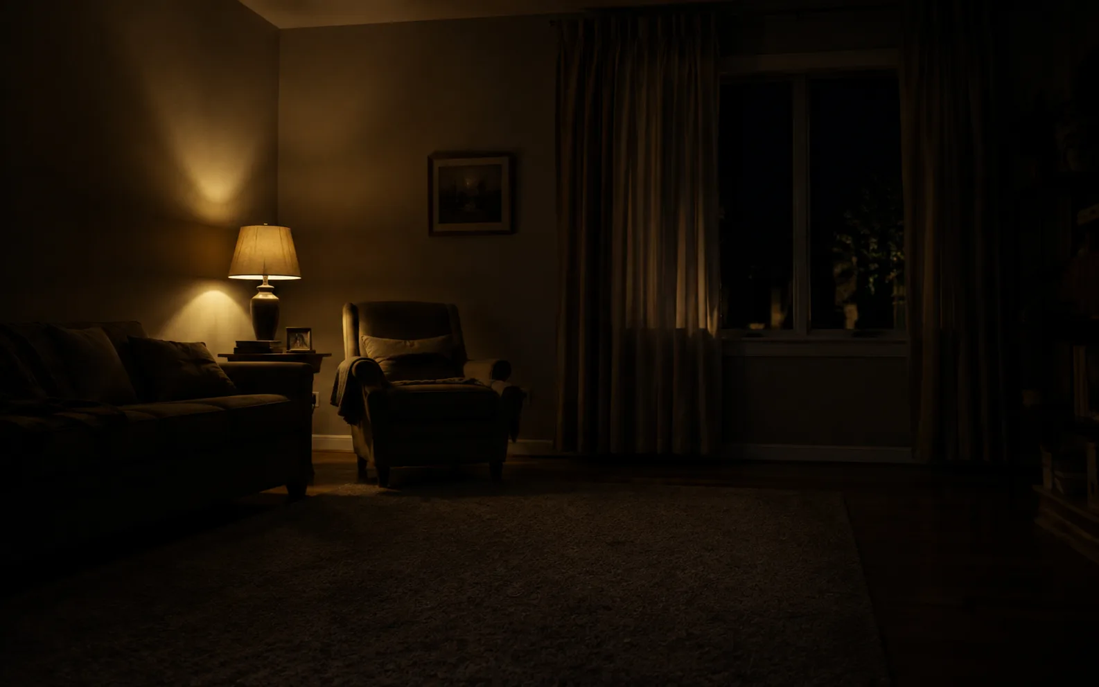 Warm evening light across a quiet living room