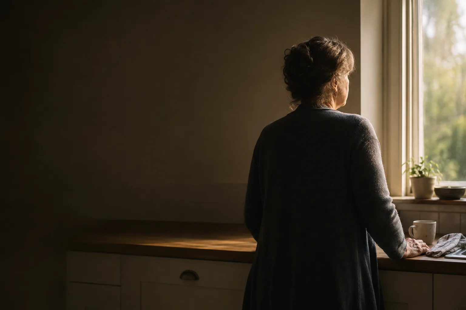 A woman looking out of a window in warm morning light