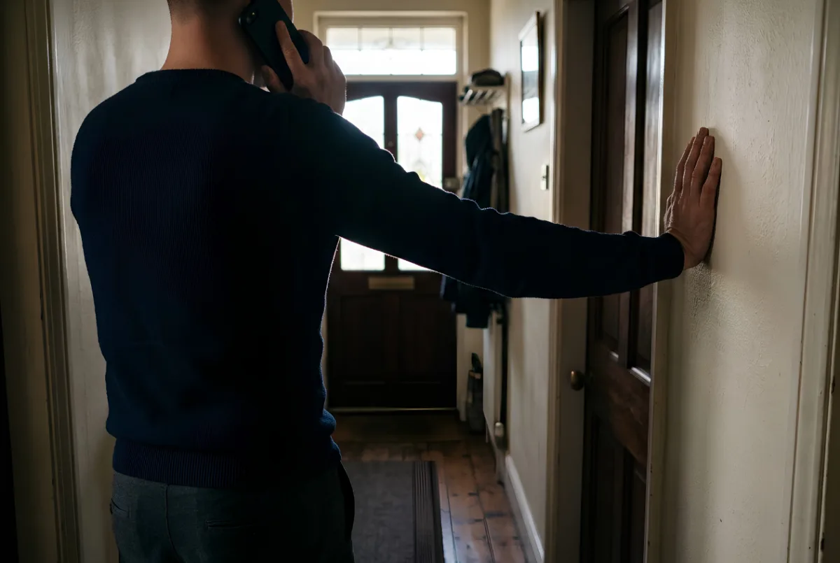 A person holding a phone in a hallway