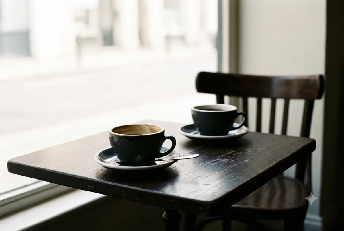 Two coffee cups on a table by a window