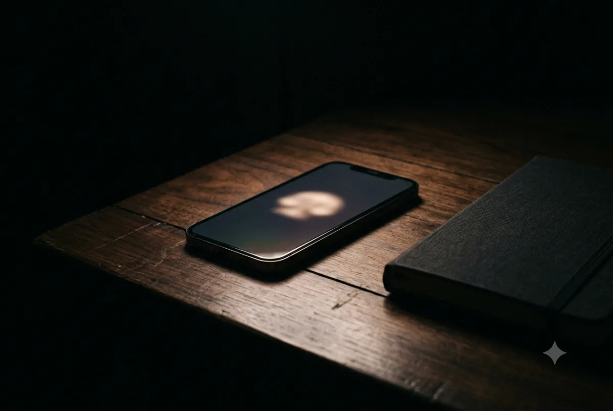 A phone lighting up with a notification on a dark table