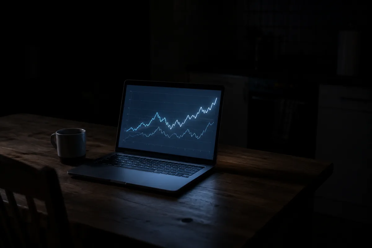 A laptop on a kitchen table showing a trading dashboard