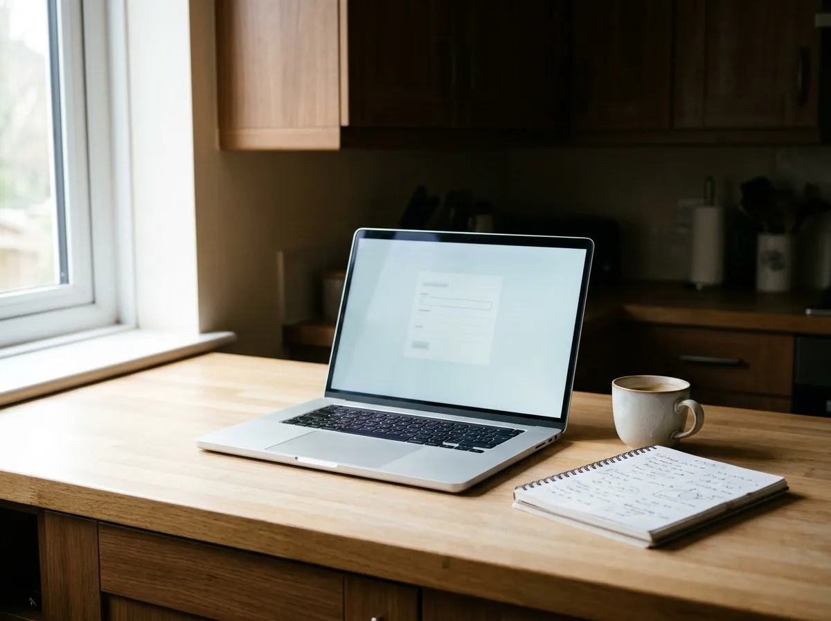 A phone resting on a kitchen worktop in warm light