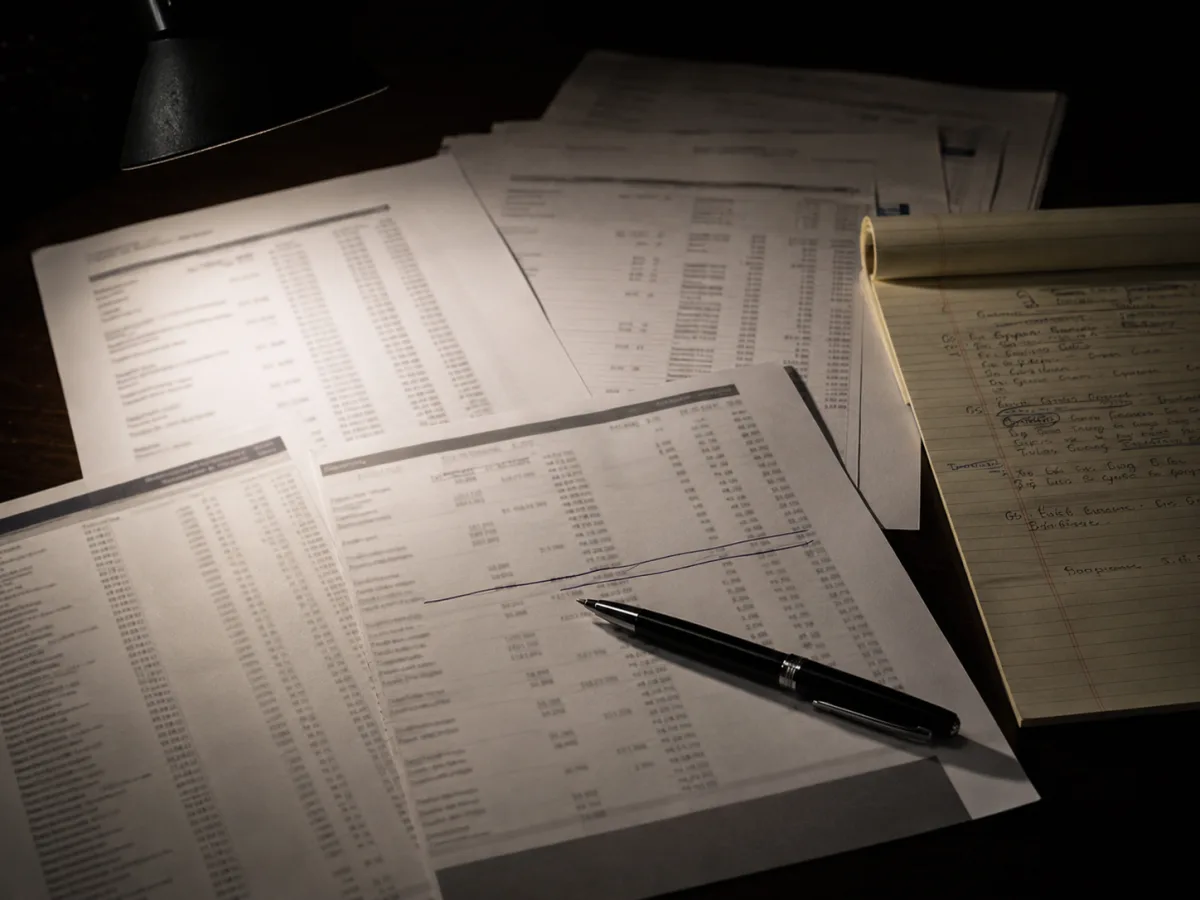 Bank statements and notes spread across a desk
