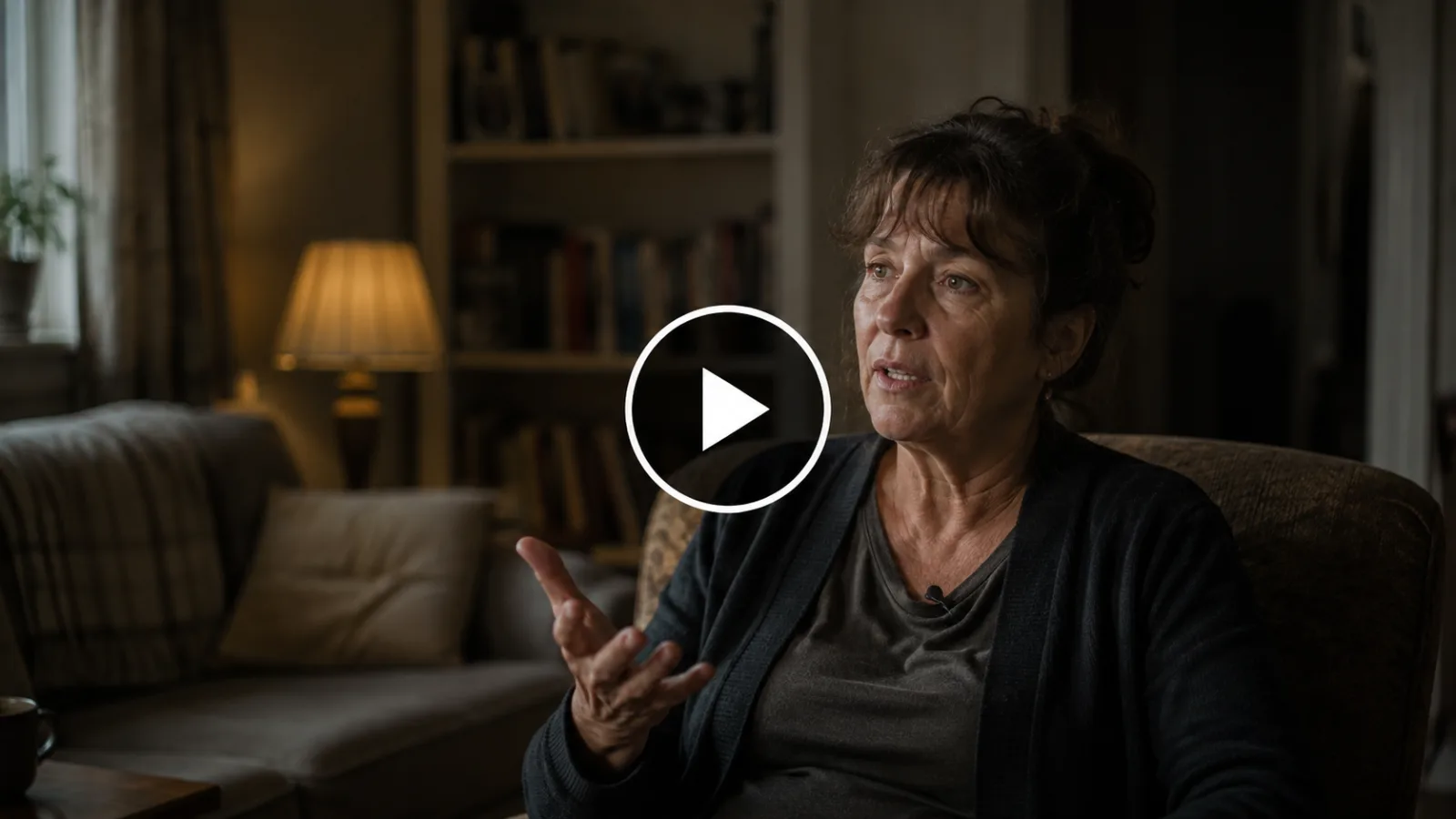 Still from a filmed interview: a woman sitting in her living room